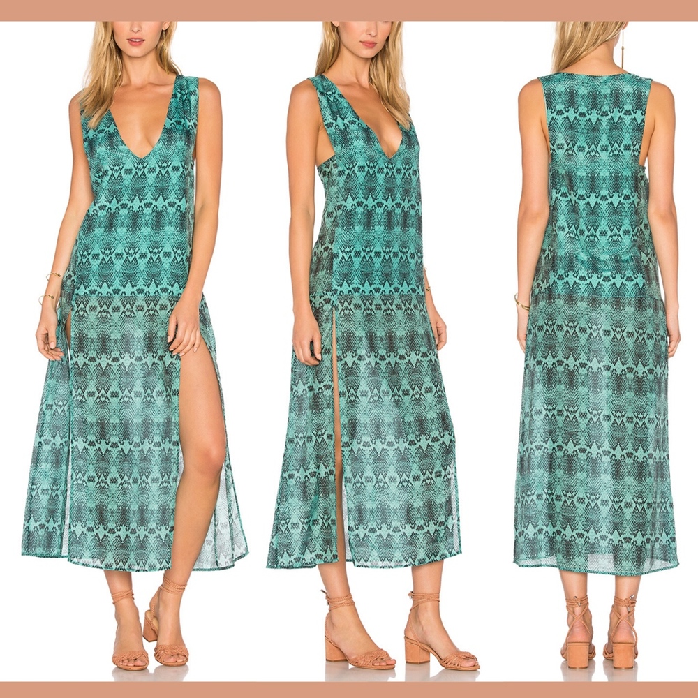 NWT $228 ViX Siena Silk‎ Blend Snake Print Caftan CoverUp Green [SZ Medium ]